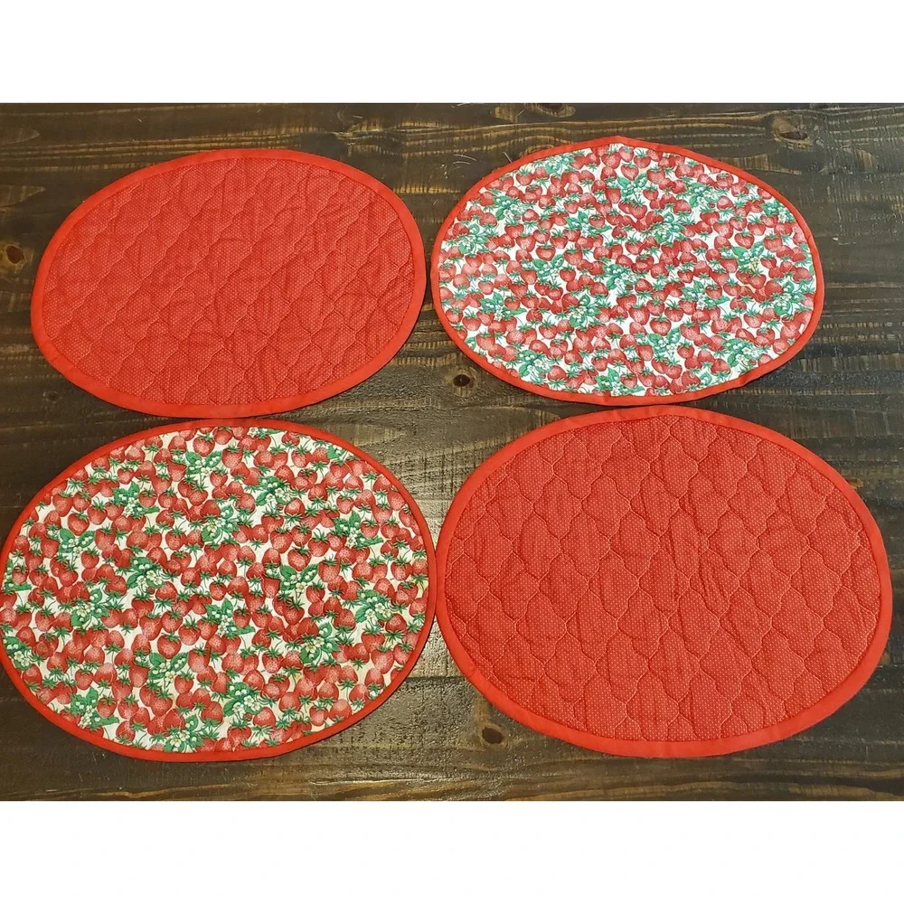 Vintage Handcrafted Quilted Strawberry Oval Placemats - Set of 4